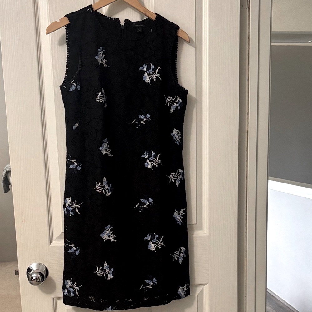Ann Taylor Black Dress with Blue Floral Embroidery